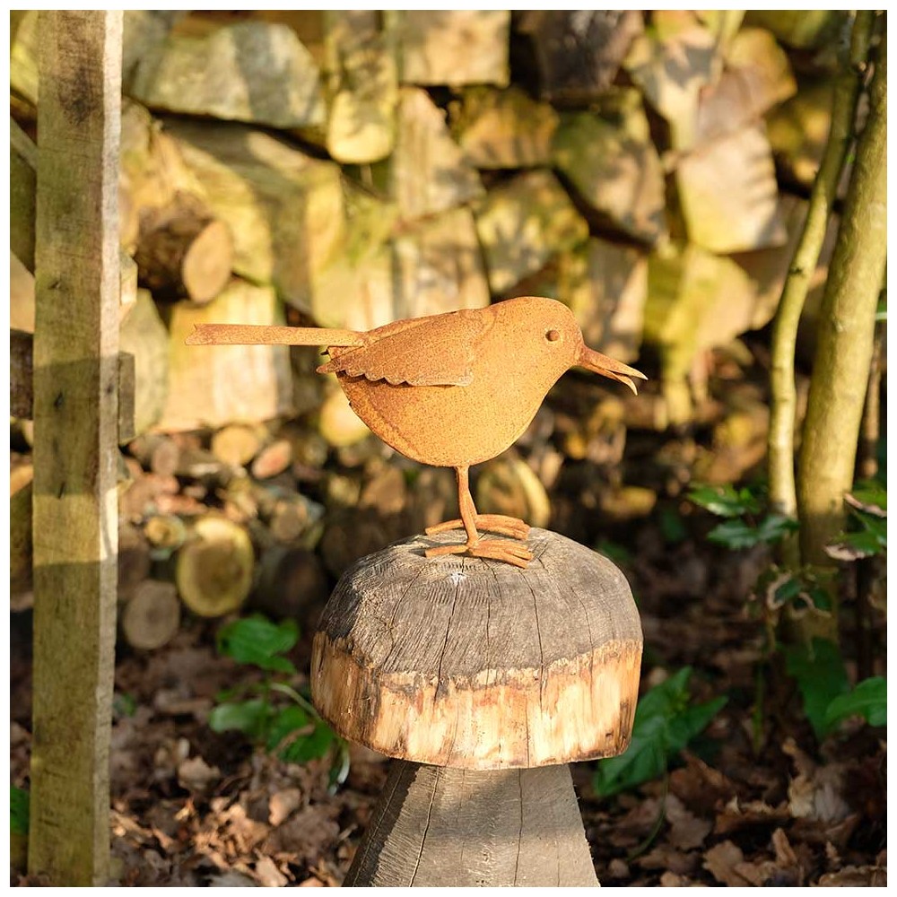 Oiseaux rouillés avec vis à visser dans le bois, 4 oiseaux patinés -  Décoration de jardin